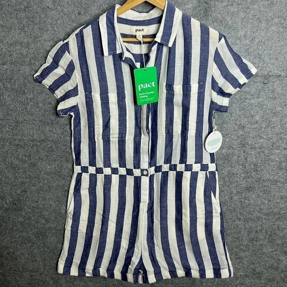 PACT Organic Cotton Blue Stripe Print shorts Romper size Medium NWT - Picture 4 of 11